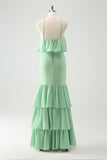 Green Tiered Chiffon Mermaid Halter Tiered Wedding Guest Dress