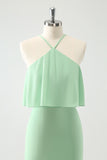 Green Tiered Chiffon Mermaid Halter Tiered Wedding Guest Dress