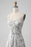 White Brown Flower Spaghetti Straps A Line Bridesmaid Dress With Ruffles