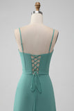 Grey Green Spaghetti Straps A Line Bridesmaid Dress with Ruffles