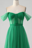 Dark Green A Line Off The Shoulder Corset Long Ball Dress