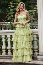 Green Flower A Line Spaghetti Straps Tiered Long Ball Dress With Ruffles