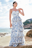 White Blue Flower A-Line Tiered Long Bridesmaid Dress With Ruffles