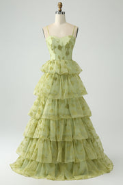 Green Flower A Line Spaghetti Straps Long Ball Dress With Ruffles