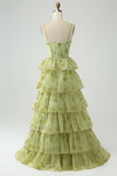 Green Flower A Line Spaghetti Straps Long Ball Dress With Ruffles