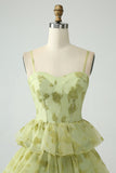 Green Flower A Line Spaghetti Straps Long Ball Dress With Ruffles