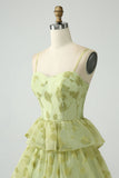 Green Flower A Line Spaghetti Straps Long Ball Dress With Ruffles