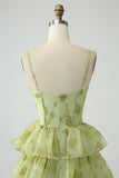 Green Flower A Line Spaghetti Straps Long Ball Dress With Ruffles