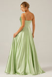Dusty Sage A Line Cowl Neck Satin Long Bridesmaid Dress with Pleats