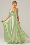Dusty Sage A Line Cowl Neck Satin Long Bridesmaid Dress with Pleats