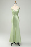 Green Mermaid Square Neck Long Satin Bridesmaid Dress with Eyelash Lace