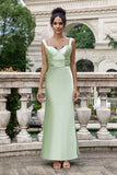 Green Satin Mermaid Long Bridesmaid Dress with Eyelash Lace