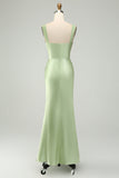 Green Mermaid Square Neck Long Satin Bridesmaid Dress with Eyelash Lace