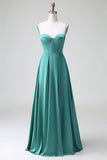 Eucalyptus A Line Spaghetti Straps Corset Pleated Satin Long Bridesmaid Dress