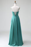 Eucalyptus A Line Spaghetti Straps Corset Pleated Satin Long Bridesmaid Dress