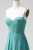 Eucalyptus A Line Spaghetti Straps Corset Pleated Satin Bridesmaid Dress