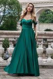 Dark Green Off the Shouder A Line Satin Long Bridesmaid Dress