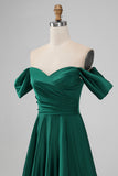 Dark Green Off the Shouder A Line Satin Long Bridesmaid Dress