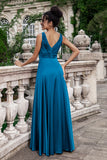 Ink Blue A Line V Neck Keyhole Long Bridesmaid Dress