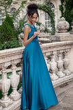 Ink Blue A Line V Neck Keyhole Pleated Long Bridesmaid Dress