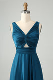 Ink Blue A Line V Neck Keyhole Long Bridesmaid Dress