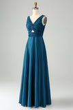 Ink Blue A Line V Neck Keyhole Long Bridesmaid Dress