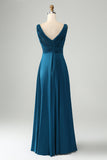 Ink Blue A Line V Neck Keyhole Pleated Long Bridesmaid Dress