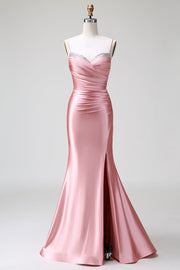 Blush Mermaid Spaghetti Straps Satin Ball Dress with Slit