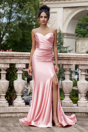 Blush Mermaid Spaghetti Straps Satin Long Ball Dress with Slit