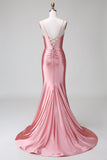 Blush Mermaid Spaghetti Straps Satin Long Ball Dress with Slit