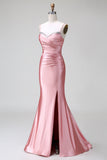 Blush Mermaid Spaghetti Straps Satin Ball Dress with Slit