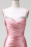 Blush Mermaid Spaghetti Straps Satin Ball Dress with Slit