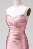 Blush Mermaid Spaghetti Straps Satin Ball Dress with Slit