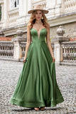 Green Satin V Neck A-line Long Bridesmaid Dress