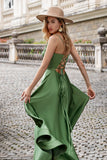 Green A Line Spaghetti Straps Satin Long Bridesmaid Dress