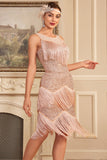 Sparkly Blush Tiered Fringed 1920s Dress with Accessories Set