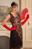 Sparkly Burgundy Fringed Sequins 1920s Dress with Accessories Set
