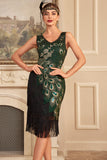 Sparkly Dark Green Fringed Beaded 1920s Dress with Accessories Set