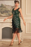 Sparkly Dark Green Fringed Beaded 1920s Dress with Accessories Set