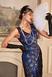 Sparkly Royal Blue Fringed Beaded 1920s Dress with Accessories Set