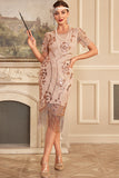 Sparkly Blush Fringes 1920s Dress with Accessories Set