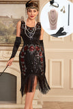 Black Sleeveless Sparkly Fringes Flapper Dress with Accessories Set