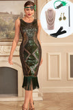 Fringes Green Sequins Sleeveless Flapper Dress with Accessories Set