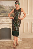 Fringes Green Sequins Sleeveless Flapper Dress with Accessories Set
