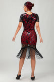 Black Red Bodycon Fringed Sequin 1920s Dress With 5-Piece Accessories Set