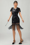 Black Bodycon Sequin Fringed 1920s Dress With 5-Piece Accessories Set