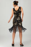 Black Fringed Sequin Flapper 1920s Dress with 5 Piece Accessory Set