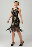 Black Fringed Sequin Flapper 1920s Dress with 5 Piece Accessory Set