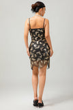 Black Golden Spaghetti Straps Sequins 1920s Dress with Accessories Set