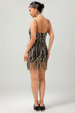 Black Golden Fringe Sequins 1920s Dress with 5-Piece Accessories Set